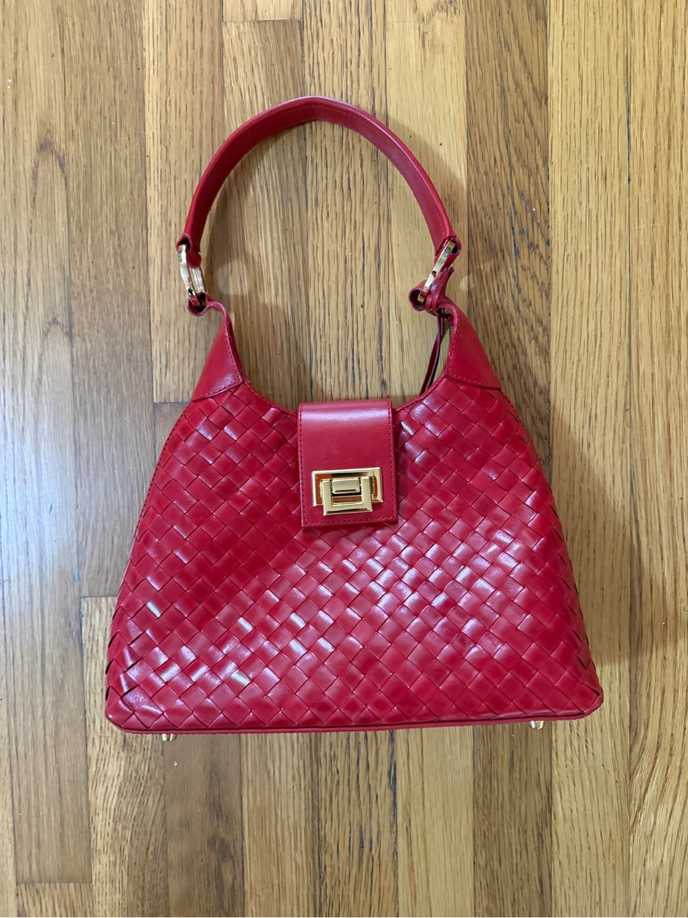 vintage Red basketweave Leather Shoulder Bag with Gold Hardware